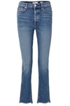 RE/DONE DOUBLE NEEDLE LONG FRAYED HIGH-RISE SLIM-LEG JEANS