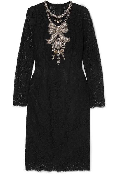 Dolce & Gabbana Long-sleeve Crystal-necklace Cordonetto Lace Dress In Black