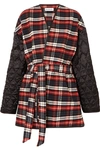 BALENCIAGA LEATHER-TRIMMED CHECKED COTTON-FLANNEL AND QUILTED SATIN COAT