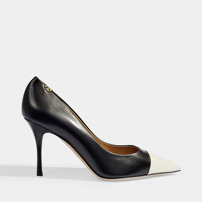 Tory Burch | Penelope 85 Two Tone Pumps In Perfect Black And Ivory Calf And Patent Leathers