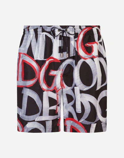 Dolce & Gabbana Printed Mid Swimming Trunks With Pouch Bag In Black