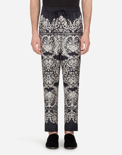 Dolce & Gabbana Men's Lace Print Silk Pajama Pants In Black