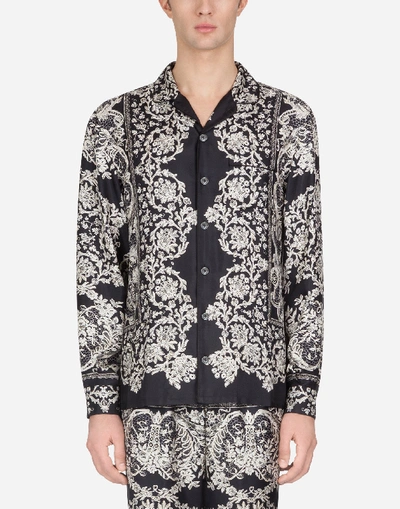 Dolce & Gabbana Men's Lace Print Silk Pajama Top In Black