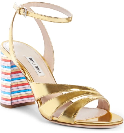 Miu Miu Metallic Strappy Sandals With Rainbow Heel, Gold In Oro