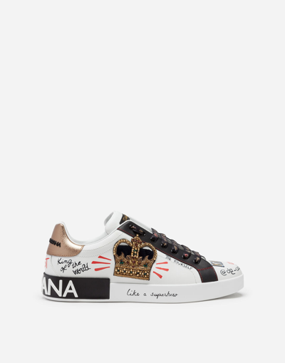 Dolce & Gabbana Portofino Sneakers In Printed Nappa Calfskin With Patch In Scritte Fdo Bianco