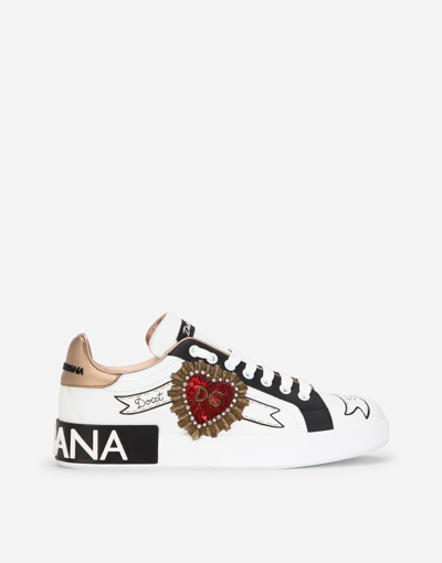 DOLCE & GABBANA PRINTED CALFSKIN NAPPA PORTOFINO SNEAKERS WITH EMBROIDERY