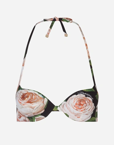 Dolce & Gabbana Push-up Bikini Top With Rose Print In Floral Print