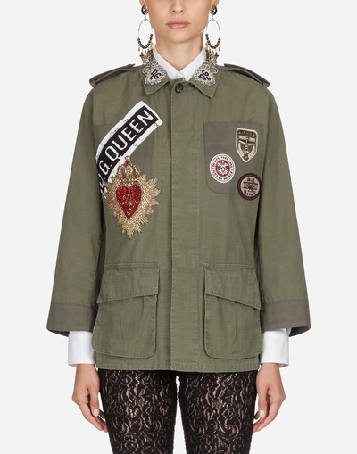 Dolce & Gabbana Badge Patch Collared Button Down Military Jacket In Green
