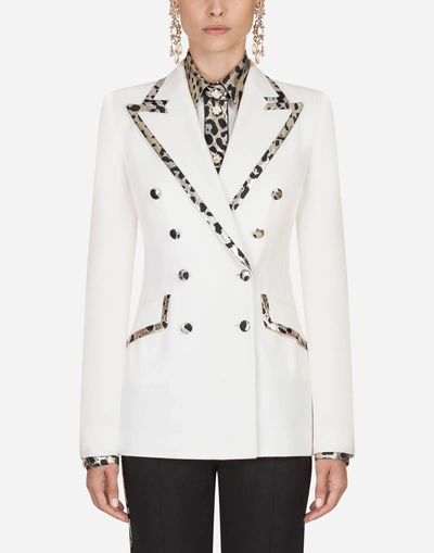 Dolce & Gabbana Leopard-print Trim Double-breasted Crepe Blazer In White