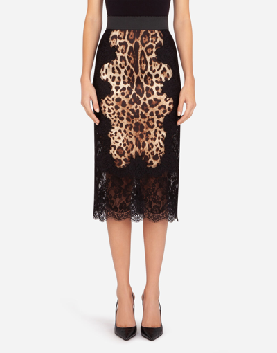 Dolce & Gabbana Lace And Leopard-print Charmeuse Midi Skirt In Multicolore