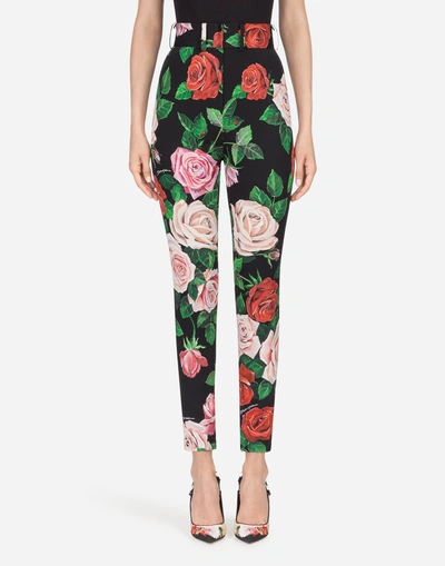 Dolce & Gabbana Floral-print Stretch-silk Charmeuse Skinny Pants In Black