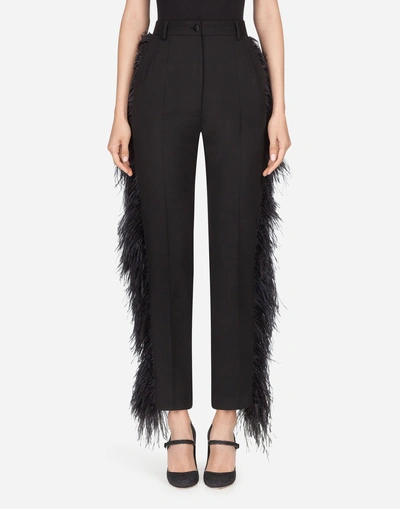 Dolce & Gabbana Wool Trousers With Feathers In Black