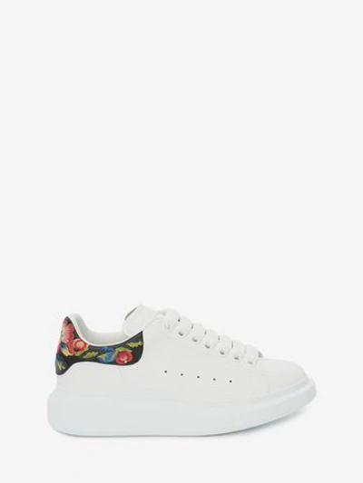 Alexander Mcqueen Platform Leather Trainers With Flower Back In White/black/multicolour