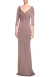 La Femme Ruched Jersey Column Gown In Cocoa