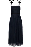 SANDRO SANDRO WOMAN BISHOP SATIN-TRIMMED RUCHED TULLE MIDI DRESS NAVY,3074457345620052236