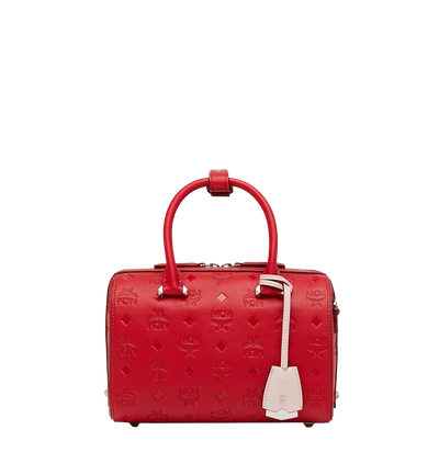 Mcm Boston Essential Monogrammed Small Leather Satchel In Viva Red