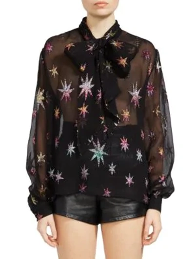 Saint Laurent Sheer Silk Blend Shirt W/intarsia Lurex In Black