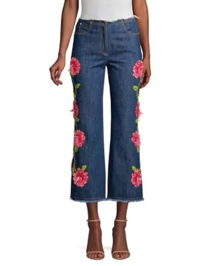 Michael Kors Cropped Floral-embellished Jeans In Chambray