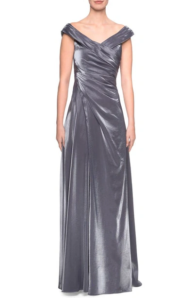 La Femme Ruched Satin A-line Gown In Gunmetal