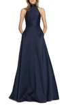 ml Monique Lhuillier High-neck Keyhole-back Sleeveless Ball Gown With Pockets In Navy