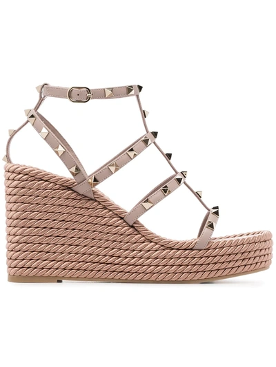 Valentino Garavani Rockstud Ankle Strap Wedge Sandal In Calfskin Leather 95 Mm Woman Skin 41 In Neutral