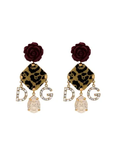 Dolce & Gabbana Red Rose Leopard Print Charm Earrings In Gold
