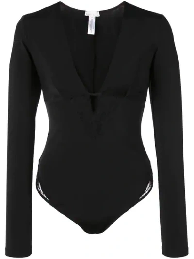 Fleur Du Mal Chateau Plunge Style Bodysuit In Black