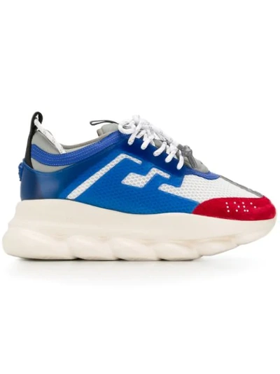 Versace Blue And Red Chain Reaction Leather Low Top Sneakers In Multicolor