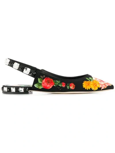 Dolce & Gabbana Floral-print Crystal-embellished Twill Flats In Floral Print