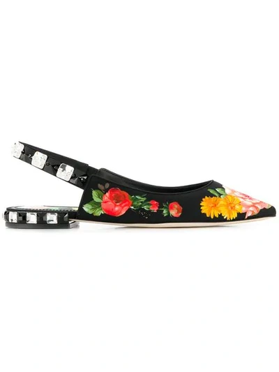 Dolce & Gabbana Floral-print Crystal-embellished Twill Flats In Black Mix