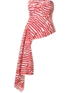 Halpern Asymmetric Strapless Draped Striped Faille Top In Red