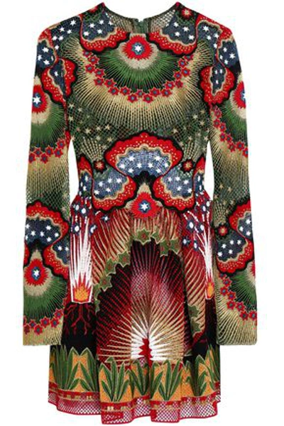 Valentino Woman Pintucked Point D'esprit, Printed Crepe And Jacquard Mini Dress Multicolor