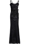 DOLCE & GABBANA LACE-PANELED BOW-EMBELLISHED SILK-BLEND SATIN GOWN,3074457345619447746