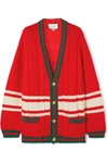 GUCCI + CHATEAU MARMONT EMBROIDERED STRIPED CABLE-KNIT WOOL CARDIGAN