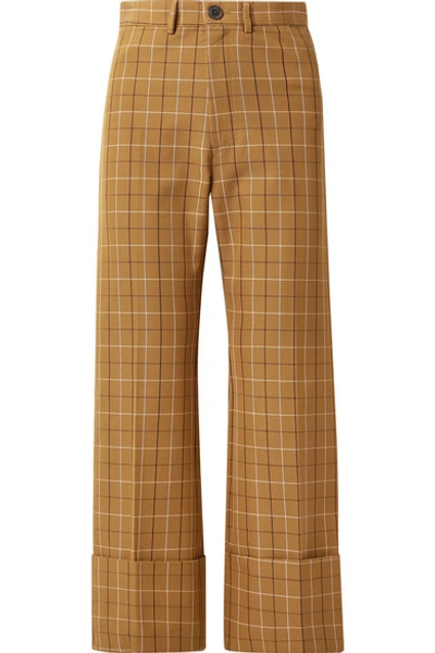 Sea Poirot Cropped Checked Cotton-blend Twill Straight-leg Trousers In Camel