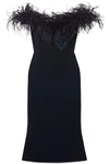 MARCHESA OFF-THE-SHOULDER FEATHER-TRIMMED SEQUINED CADY MIDI DRESS