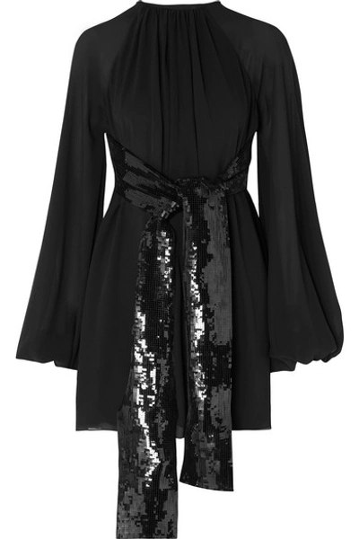 Saint Laurent Flutter-sleeve Chiffon Sequined-tie Mini Dress In Black