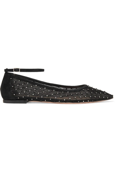Gianvito Rossi Suede-trimmed Crystal-embellished Mesh Point-toe Flats In Black
