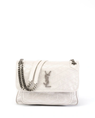 Saint Laurent Niki Medium Flap Ysl Shoulder Bag In Crinkled Leather In White