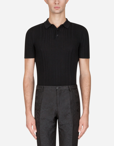 Dolce & Gabbana Men's Ribbed Knit Wool Polo Shirt In Black