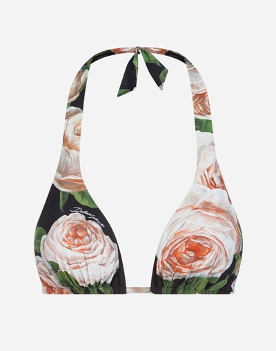 Dolce & Gabbana Padded Triangle Bikini Top With Rose Print In Floral Print