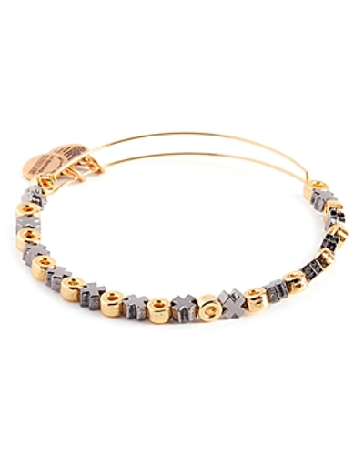 Alex And Ani X & O Beaded Adjustable Wire Bangle In Shiny Gold