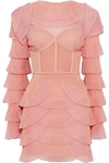 BALMAIN BALMAIN WOMAN RIBBED KNIT-PANELED TIERED PLISSÉ-MESH MINI DRESS BABY PINK,3074457345620132836