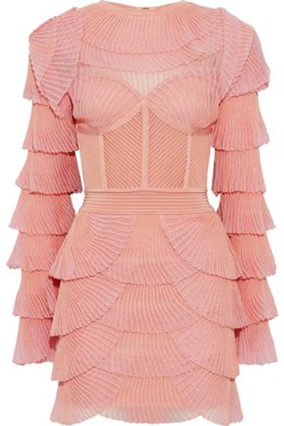 Balmain Layered Ribbed Mini Dress In Pink