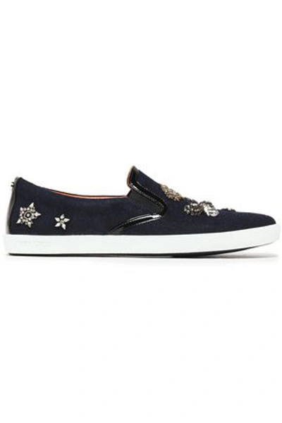 Jimmy Choo Embellished Patent Leather-trimmed Wool Slip-on Trainers In Navy