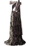 ROBERTO CAVALLI ROBERTO CAVALLI WOMAN EMBELLISHED PRINTED PLISSÉ SILK GOWN BLACK,3074457345616759448