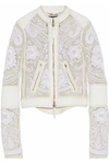 ROBERTO CAVALLI ROBERTO CAVALLI WOMAN LEATHER-TRIMMED EMBROIDERED TULLE JACKET WHITE,3074457345619509320