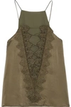 CAMI NYC CAMI NYC WOMAN GUIPURE LACE-TRIMMED SILK-SATIN CAMISOLE ARMY GREEN,3074457345620047188