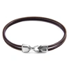 Anchor & Crew Mocha Brown Cromer Silver & Round Leather Bracelet In Leather