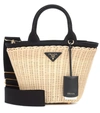 Prada Canvas & Wicker Top Handle Bag In Natural/black